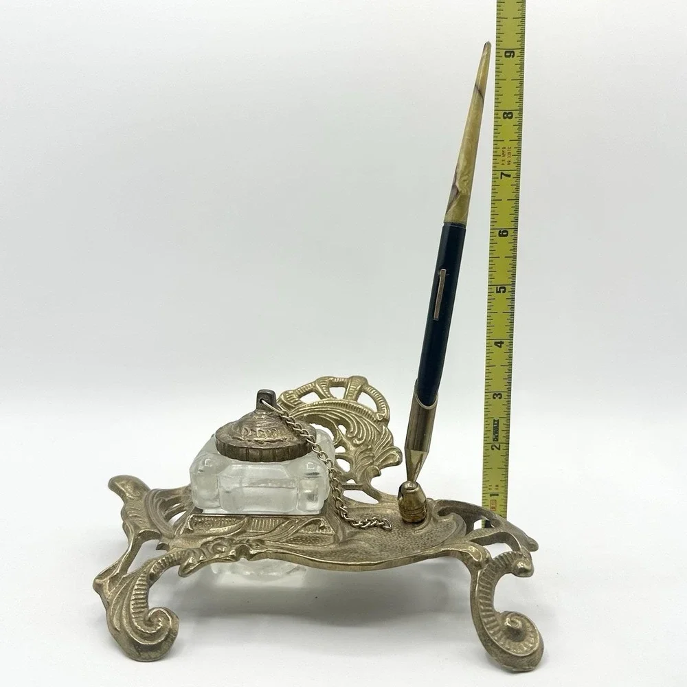 Vintage Heavy Brass Inkwell Pen Holder Art Nouveau Celluloid Fountain Pen Ink